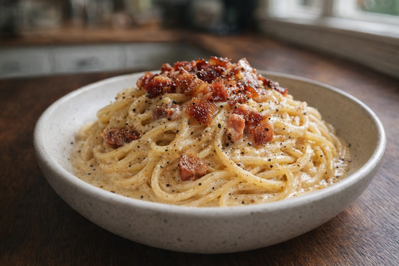 A perfectly plated serving of carbonara pasta, glistening with a rich, creamy sauce, speckled with black pepper, and garnished with crispy pancetta. The dish is set on a dark wooden table with soft, natural light.